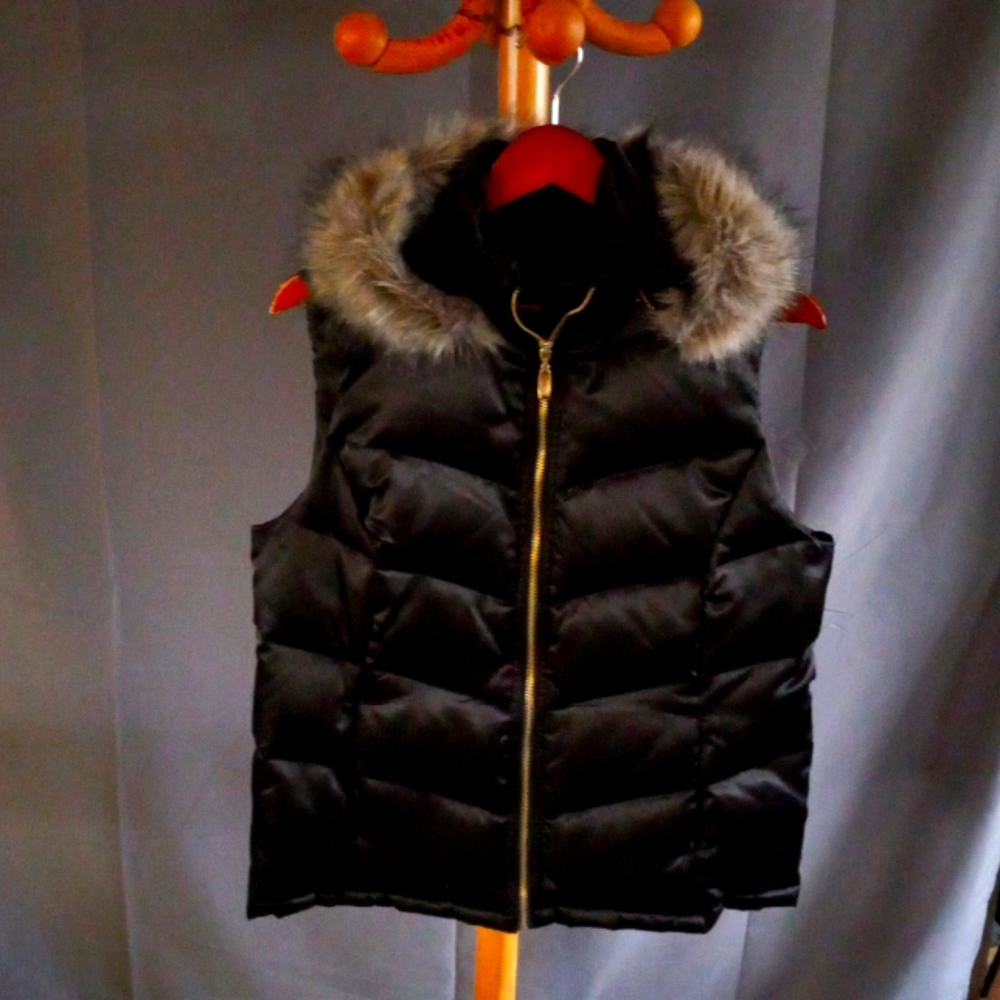 Macy's Style & Co Black Satin Fur Hooded Vest